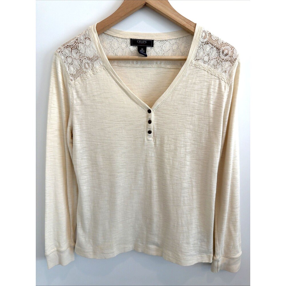 Chaps Womens M Henley Shirt Ivory Lace Trim Western Boho Soft Girl Cottage Rodeo - Picture 16 of 16